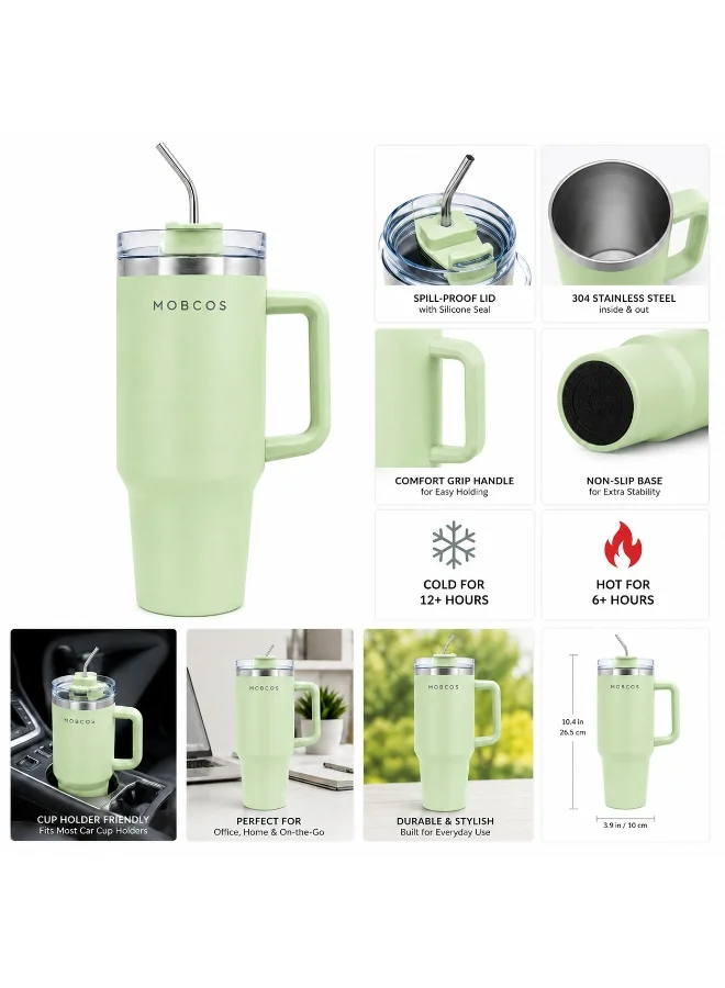 Mobcos Mobcos Plain Insulated Travel Tumbler 1200ml | Stainless Steel Vacuum Flask with Handle, Straw & Leakproof Lid | Reusable Coffee Mug | Water Bottle | Light Green