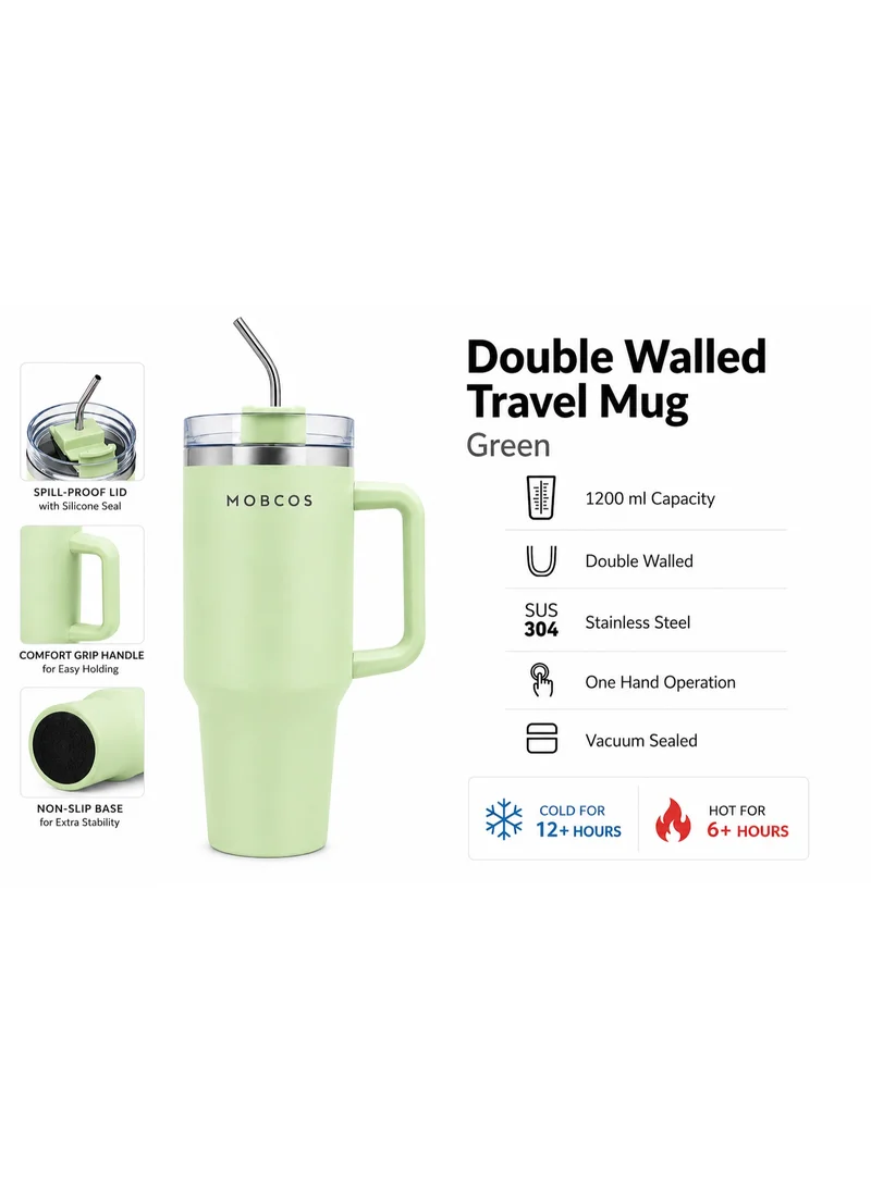 Mobcos Mobcos Light Green Plain Tumbler 1200ml Mobcos Plain Insulated Travel Tumbler 1200ml | Stainless Steel Vacuum Flask with Handle, Straw & Leakproof Lid | Reusable Coffee Mug | Water Bottle | Light Green  | Best Price UAE