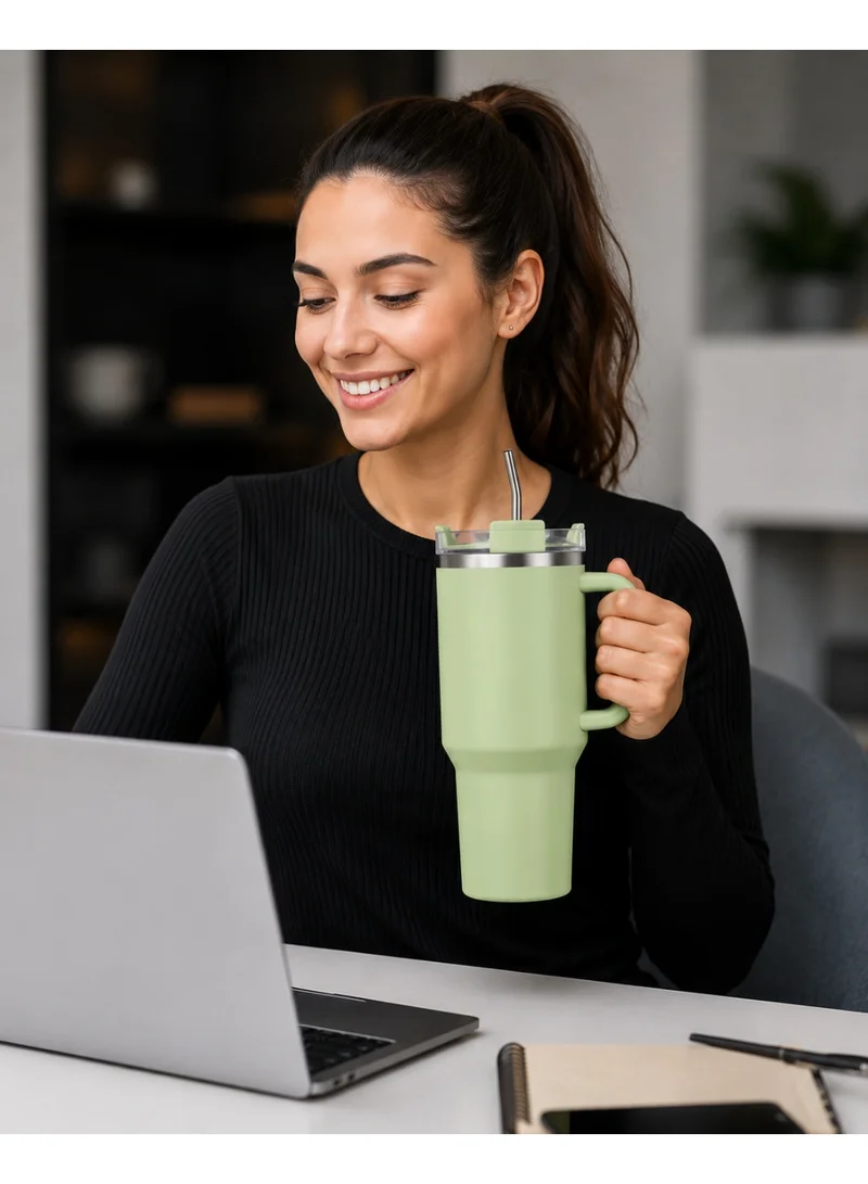 Mobcos Mobcos Light Green Plain Tumbler 1200ml Mobcos Plain Insulated Travel Tumbler 1200ml | Stainless Steel Vacuum Flask with Handle, Straw & Leakproof Lid | Reusable Coffee Mug | Water Bottle | Light Green  | Best Price UAE