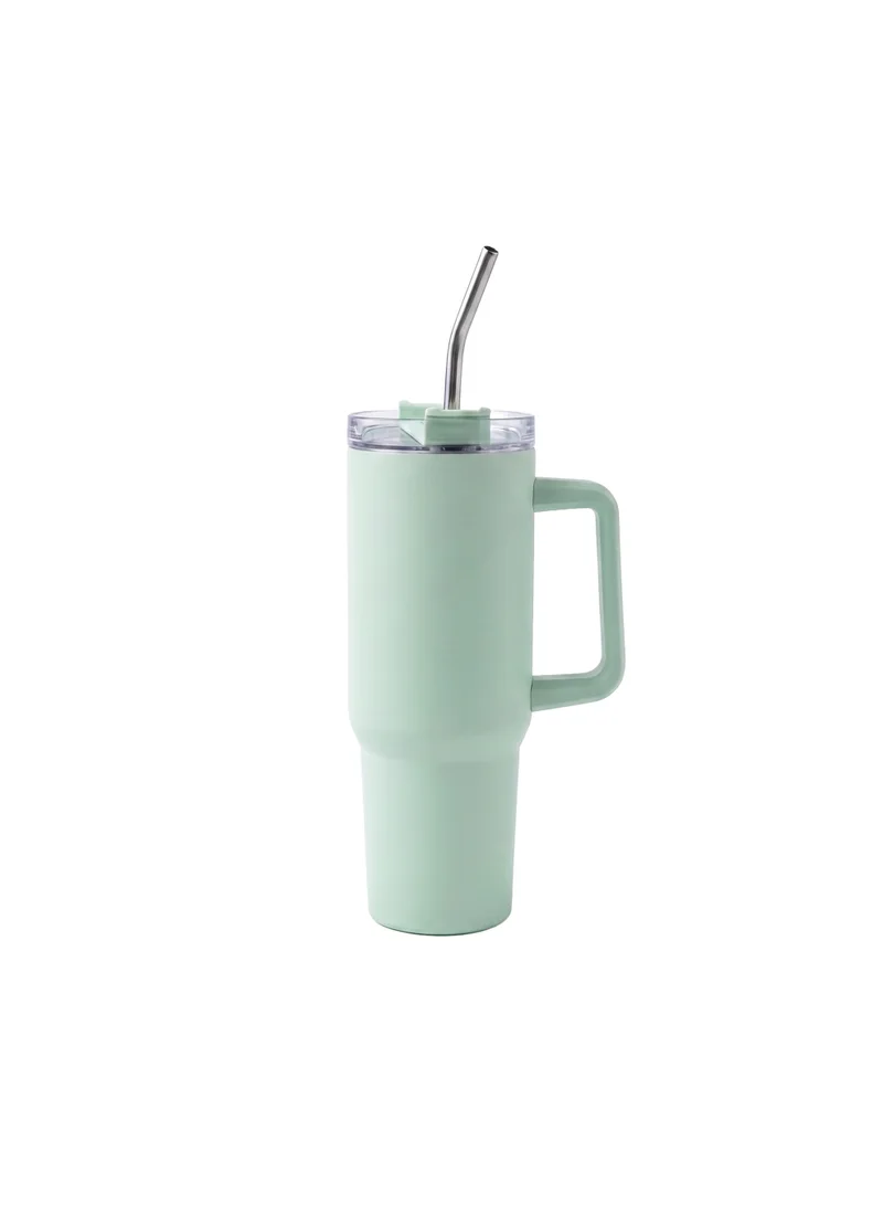 Mobcos Mobcos Plain Insulated Travel Tumbler 1200ml | Stainless Steel Vacuum Flask with Handle, Straw & Leakproof Lid | Reusable Coffee Mug | Water Bottle | Light Green