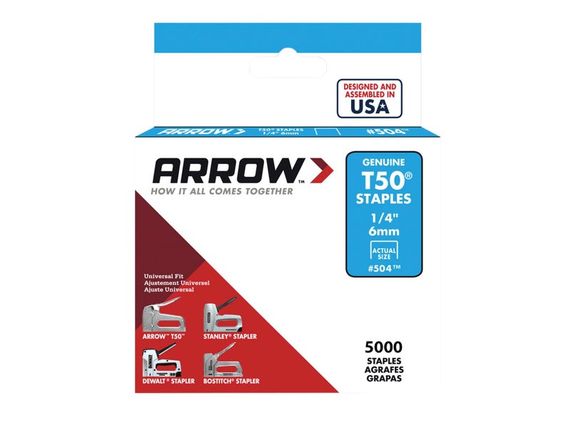 دبابيس Arrow Fastener 504IP الثقيلة T50 للتنجيد، البناء، الأثاث، الحرف، حجم تاج 3/8 بوصة، طول الساق 1/4 بوصة، عبوة 5000