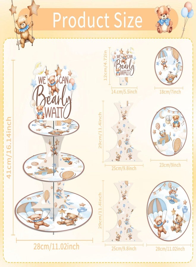 EoBeCy We Can Barely Wait Baby Shower Decorations Cupcake Stand, 3 Tier Cute Bear Cardboard Cake Stand, Little One Celebration Party Supplies - Image 2