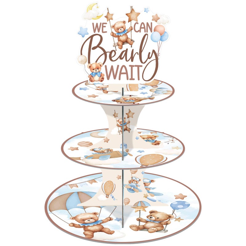 EoBeCy We Can Barely Wait Baby Shower Decorations Cupcake Stand, 3 Tier Cute Bear Cardboard Cake Stand, Little One Celebration Party Supplies - Image 1