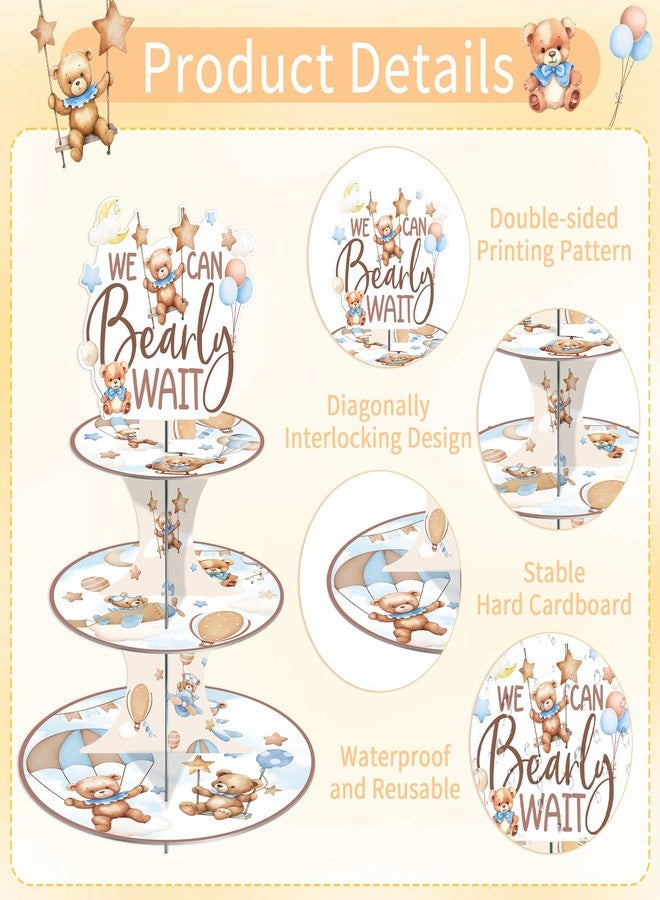 EoBeCy We Can Barely Wait Baby Shower Decorations Cupcake Stand, 3 Tier Cute Bear Cardboard Cake Stand, Little One Celebration Party Supplies - Image 3