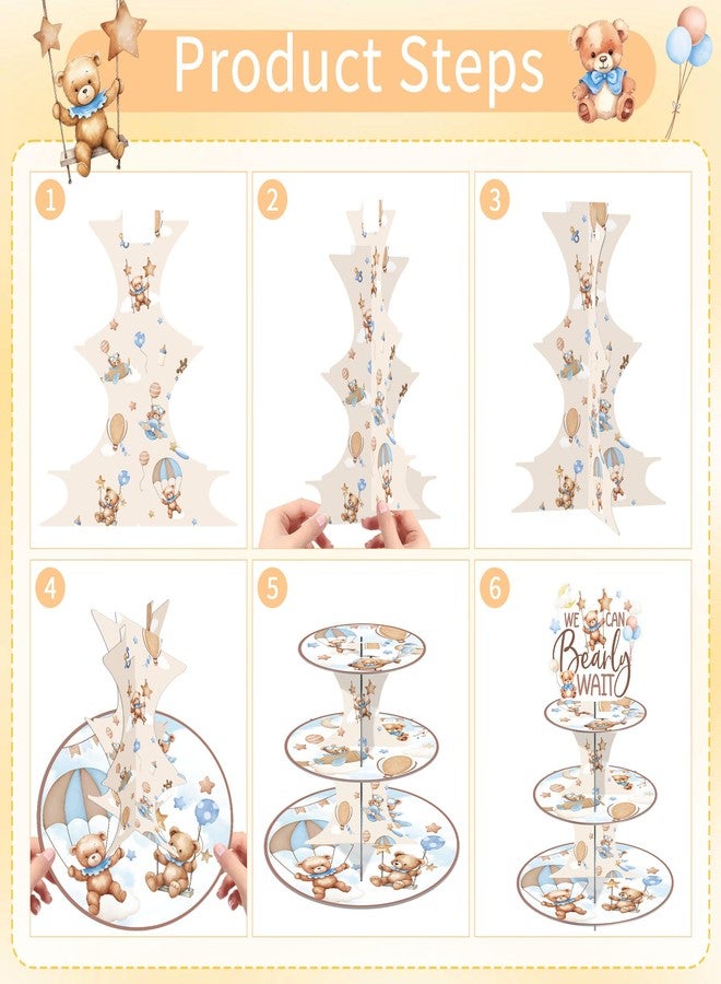 EoBeCy We Can Barely Wait Baby Shower Decorations Cupcake Stand, 3 Tier Cute Bear Cardboard Cake Stand, Little One Celebration Party Supplies - Image 4