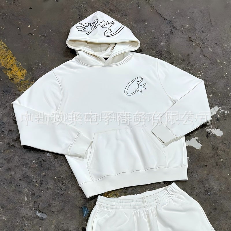 Spring street hip-hop mens sports suit casual two-piece suit cross-border new solid color hooded sweater trousers White sweatshirt