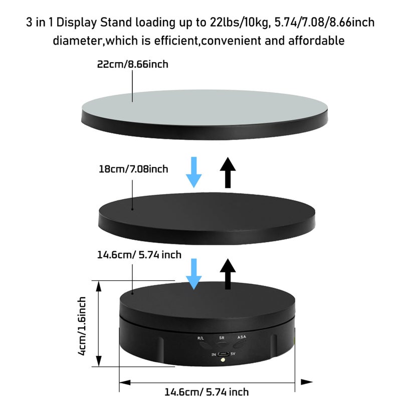 JAYEGT 3 in 1 Motorized Rotating Display Stand with 5.74/7.08/8.66 inch Replacement Mirror Coverï¼Œ 22lbs Load , 360 Degree Electronic Turntable for Photography Products Shows, Jewelry (Mirror/3 in1 / Black/ NO Remote controller) - Image 2