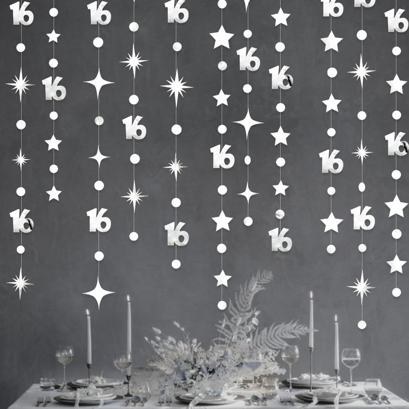 pinkblume Silver 16th Birthday Decorations Number 16 Circle Dot Twinkle Star Garland Metallic Banner Backdrop for Girls Boys Happy 16th Birthday Sweet Sixteen 16th Anniversary Cheers to 16 Years Party Decor - Image 4