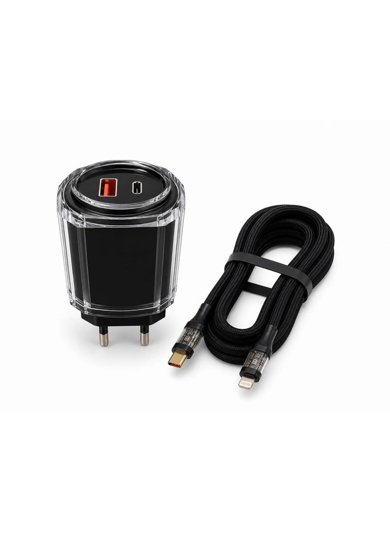 شاحن حائط سريع T05 بقدرة 33 واط بمنفذين (USB و USB-C) مع كابل شحن سريع مجدول
