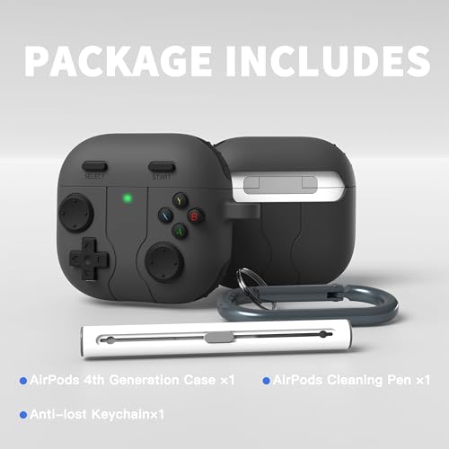 DamonLight Game Case for AirPods 4 Cover Shock-Proof Protective Silicone Case with Cleaning Pen and Keychain Accessories for Apple Airpods 4th Generation (Black) - Image 4