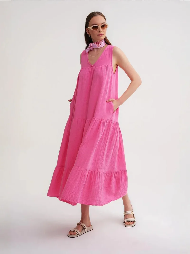 MixRay Bright Pink Mixray Sleeveless V-Neck Muslin Midi Dress with Pockets for Women | Best Price UAE