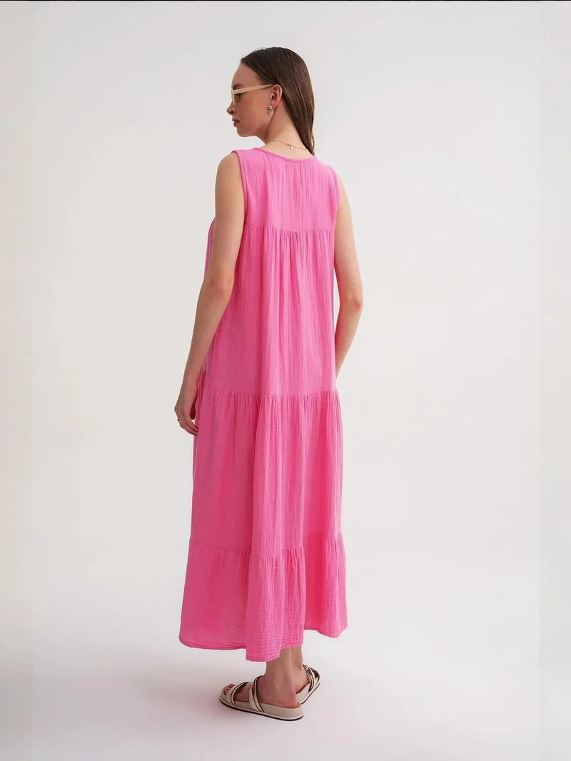 MixRay Bright Pink Mixray Sleeveless V-Neck Muslin Midi Dress with Pockets for Women | Best Price UAE