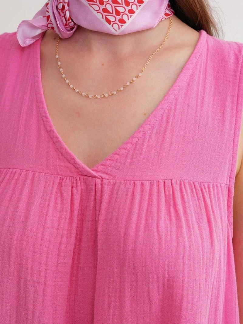 MixRay Bright Pink Mixray Sleeveless V-Neck Muslin Midi Dress with Pockets for Women | Best Price UAE