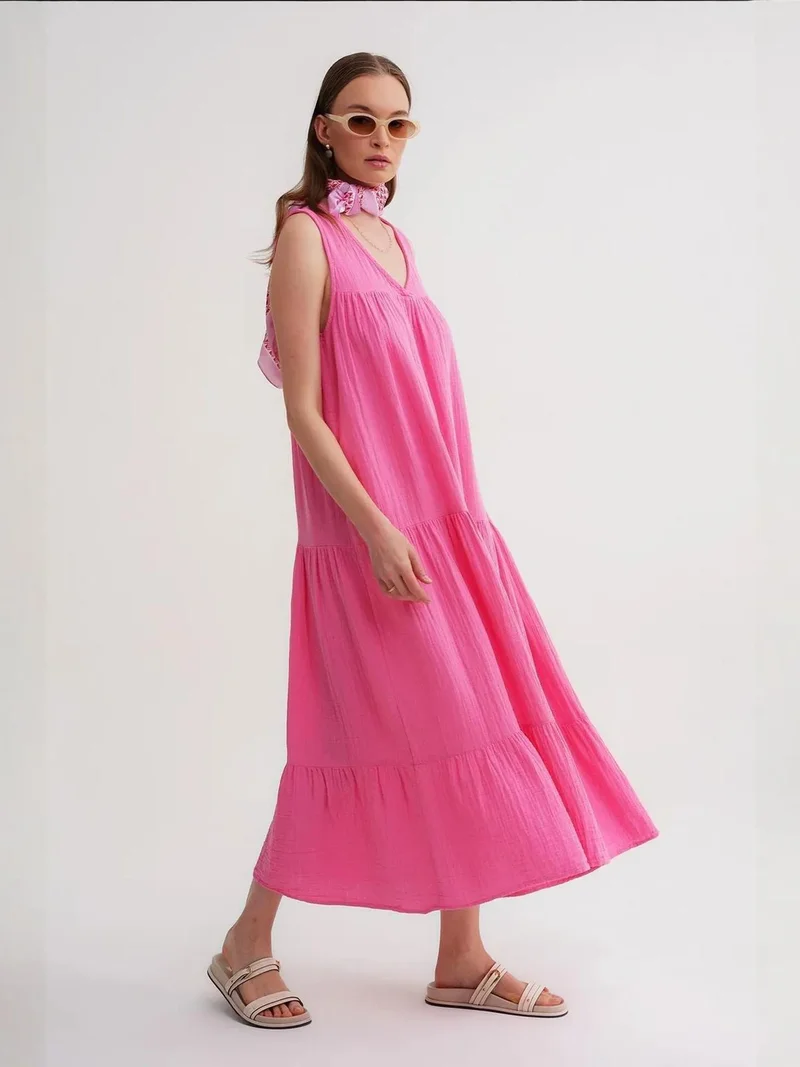 MixRay Bright Pink Mixray Sleeveless V-Neck Muslin Midi Dress with Pockets for Women | Best Price UAE