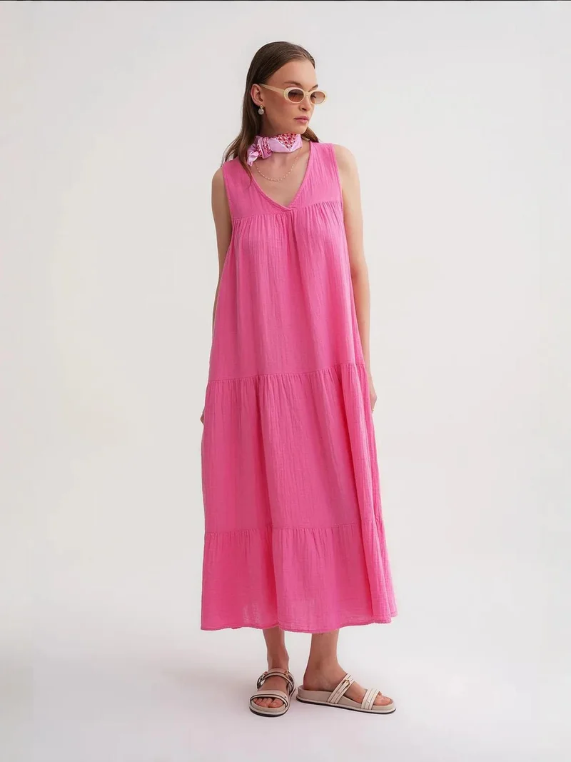 MixRay Bright Pink Mixray Sleeveless V-Neck Muslin Midi Dress with Pockets for Women | Best Price UAE