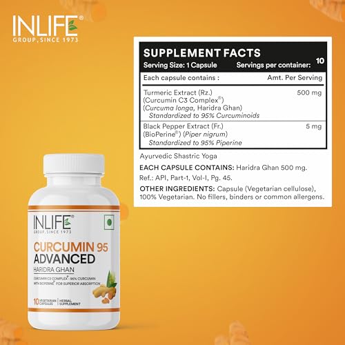 INLIFE Curcumin C3 Complex 95% Curcuminoids, Piperine Bioperine, Turmeric for Immunity & Inflammation Support, 10 Veg Capsules (10 count (Pack of 1)) - Image 2