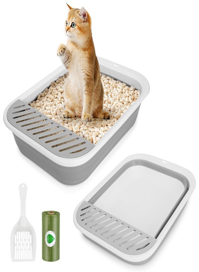 ShineMe Collapsible Kitty Litter Box, ShineMe Open Top Cat Litter Tray with Scoop and Litter Bag, Anti-Splashing Waterproof Cat Toilet Potty Pan 17.7” x 13.5”, Grey - Image 1
