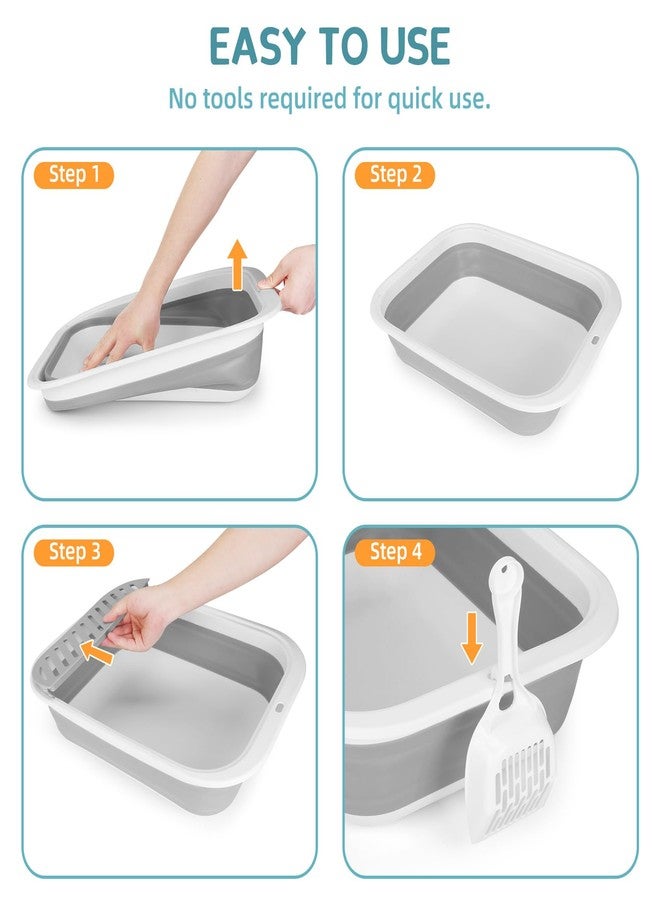 ShineMe Collapsible Kitty Litter Box, ShineMe Open Top Cat Litter Tray with Scoop and Litter Bag, Anti-Splashing Waterproof Cat Toilet Potty Pan 17.7” x 13.5”, Grey - Image 2