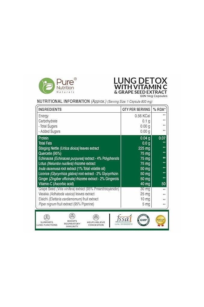 بيور نيوتريشن Pure Nutrition Lung Detox مع فيتامين C ومستخلص بذور العنب 800 ملغ - 60 كبسولة نباتية - Image 2