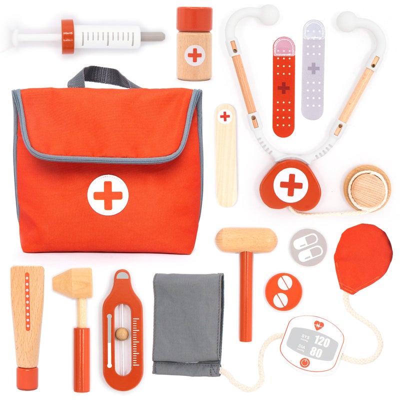 UMU Wooden Mini Doctor Kit for Kids 14 pcs Medical Playset for Toddlers with Stethoscope Syringe Doctor Bag Blood Pressure Cuff More Pretend Play Set for Boys and Girls Ages 3 4 5 6 - Image 3