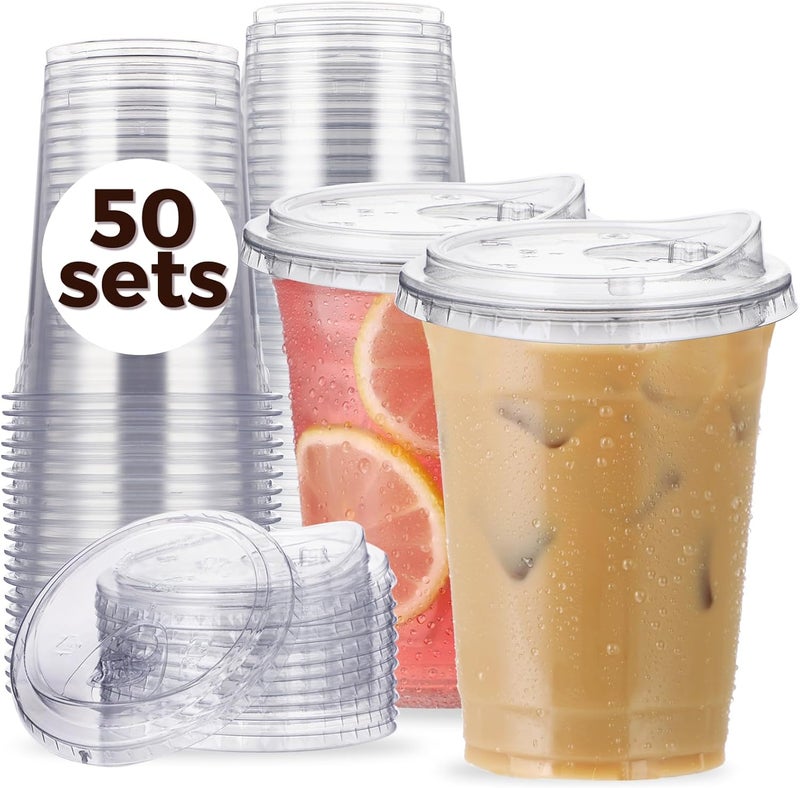 Aatriet 16 oz Clear Plastic Cups with Strawless-Sip-Lids, 50 Sets Disposable Cups Plastic Iced Coffee Cups, To Go Cups with Sip Through Lids for Smoothie, Milkshake, Cold Drinks for Party, Wedding, Event - Image 1