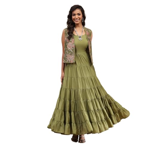 Biba Green Georgette Festive Tiered Anarkali Dress - Image 1