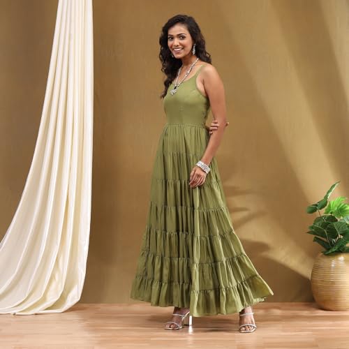 Biba Green Georgette Festive Tiered Anarkali Dress - Image 3