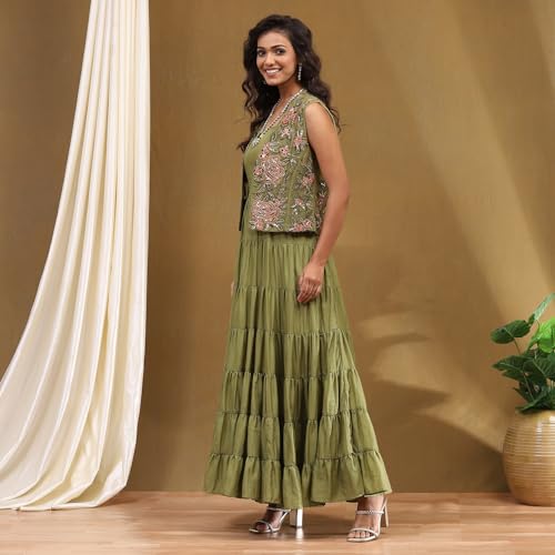 Biba Green Georgette Festive Tiered Anarkali Dress - Image 4