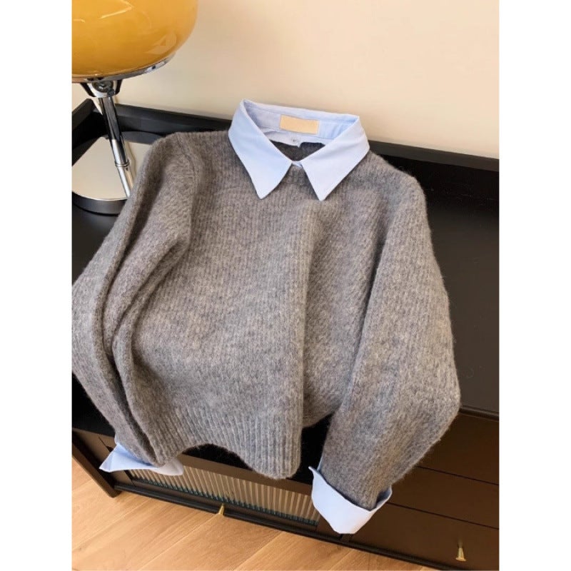 Two-Piece IllusionPolo Collar InnerSweater Womens Autumn/Winter Cropped Idle Style Loose-Fit Base Knit Top Gray - Image 1