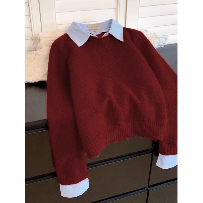 Two-Piece IllusionPolo Collar InnerSweater Womens Autumn/Winter Cropped Idle Style Loose-Fit Base Knit Top Gray - Image 2
