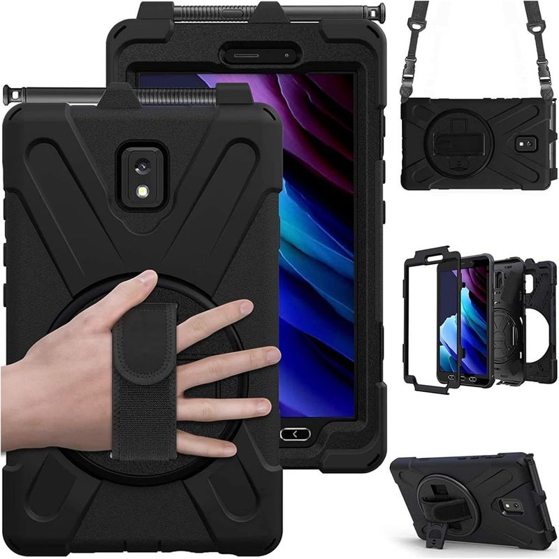 KASTWAVE Rugged Protective Case For Galaxy Tab Active 3 8.0 T570 T575 T577 With Rotating Stand And Hand Strap, Shockproof And Drop Resistant, Black - Image 1