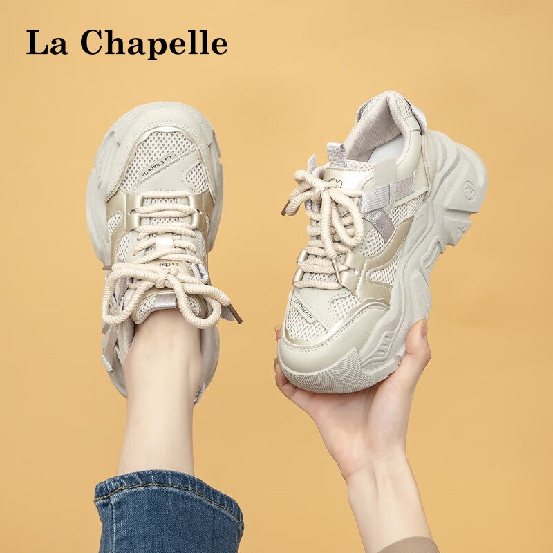 JD Jing Zao La Chapelle Women's Shoes, Thick-Soled Heightening Dad Shoes, Versatile Mesh Casual Sneakers for Women-A1006 Gray Khaki Color Size 39 - Image 3