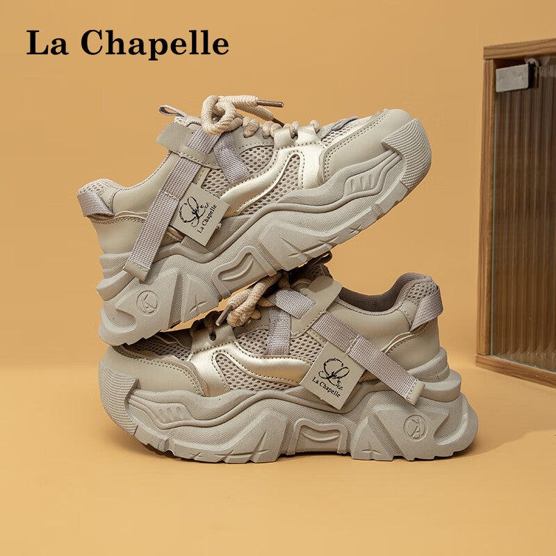 JD Jing Zao La Chapelle Women's Shoes, Thick-Soled Heightening Dad Shoes, Versatile Mesh Casual Sneakers for Women-A1006 Gray Khaki Color Size 39 - Image 1