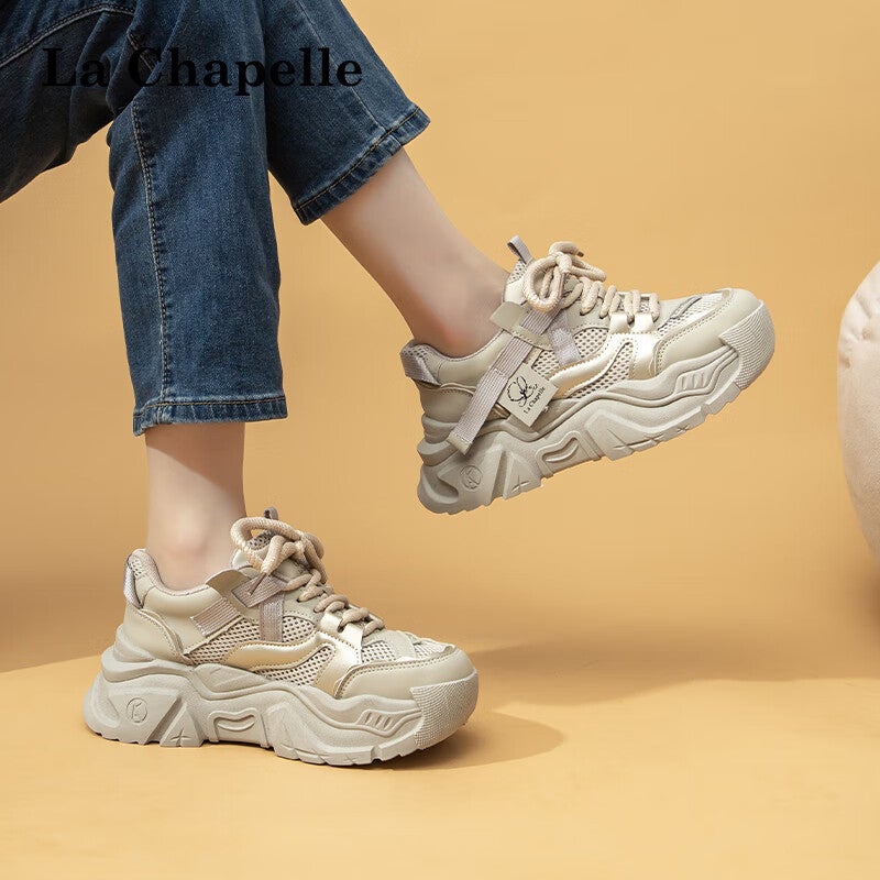 JD Jing Zao La Chapelle Women's Shoes, Thick-Soled Heightening Dad Shoes, Versatile Mesh Casual Sneakers for Women-A1006 Gray Khaki Color Size 39 - Image 5
