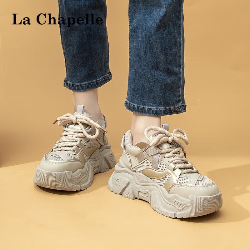 JD Jing Zao La Chapelle Women's Shoes, Thick-Soled Heightening Dad Shoes, Versatile Mesh Casual Sneakers for Women-A1006 Gray Khaki Color Size 39 - Image 4