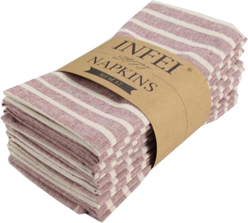 INFEI Broad Striped Cotton Blended Dinner Cloth Napkins  Set of 12 40 x 30 cm  for Christmas Events  Home Use Rust Red - Image 1