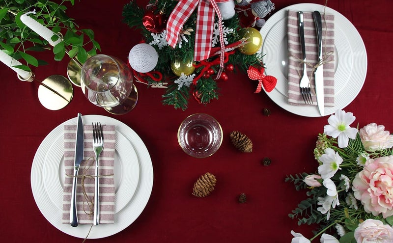 INFEI Broad Striped Cotton Blended Dinner Cloth Napkins  Set of 12 40 x 30 cm  for Christmas Events  Home Use Rust Red - Image 5