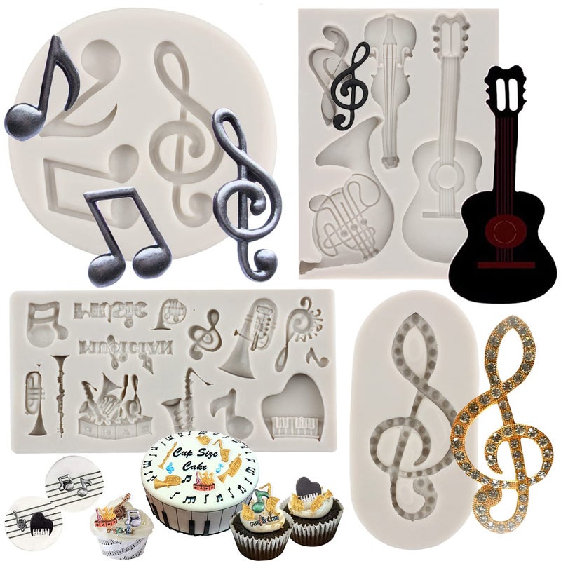 Sijiangmold Music Note Fondant Molds Musical Instruments Silicone Molds Boombox Microphone Radio Guitar Mold For Cake Decoration Cupcake Topper Polymer Clay Chocolate Candy Gum Paste Set Of 4 - Image 1