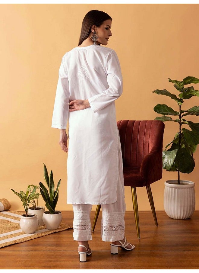 ADA - Ada Hand Embroidered Lucknow Chikankari Cotton Kurti Kurta Tunic for Women A342228 White (M) - Image 1