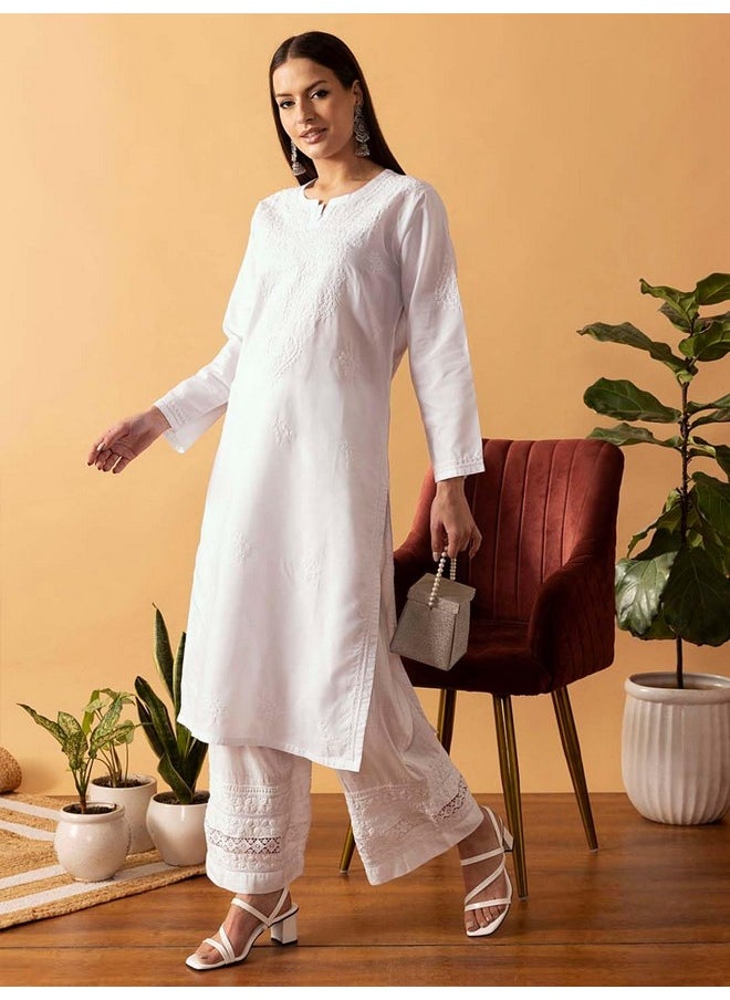 ADA - Ada Hand Embroidered Lucknow Chikankari Cotton Kurti Kurta Tunic for Women A342228 White (M) - Image 1