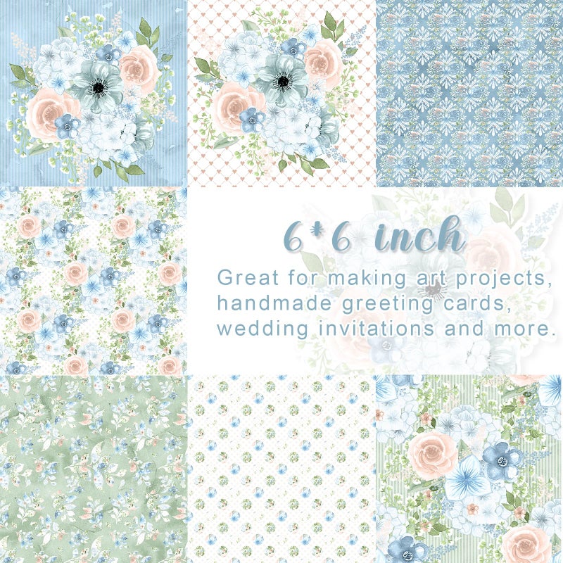 Naszonus 28 Sheets Scrapbook Paper, Floral Scrapbooking Specialty Papers 160gsm Cardmaking Craft Paper Pack Decorative Paper for Card Making (6"X6" Inch, Powder Blue Flowers) - Image 4