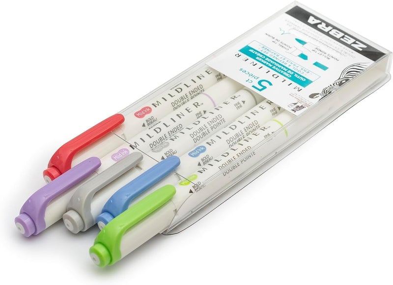 Zebra Pen Mildliner Dual-Tip Highlighter Set, Broad and Fine Tips, No Bleed, Ideal for Bible Highlighting, Journaling and Note-Taking, Assorted Cool and Refined Ink Colors, 5-Pack (78205) - Image 4