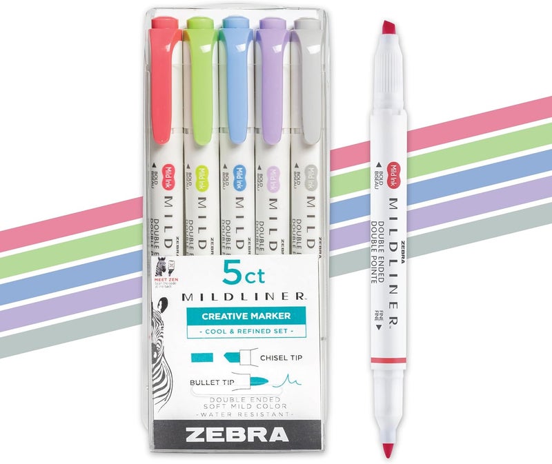 Zebra Pen Mildliner Dual-Tip Highlighter Set, Broad and Fine Tips, No Bleed, Ideal for Bible Highlighting, Journaling and Note-Taking, Assorted Cool and Refined Ink Colors, 5-Pack (78205) - Image 1