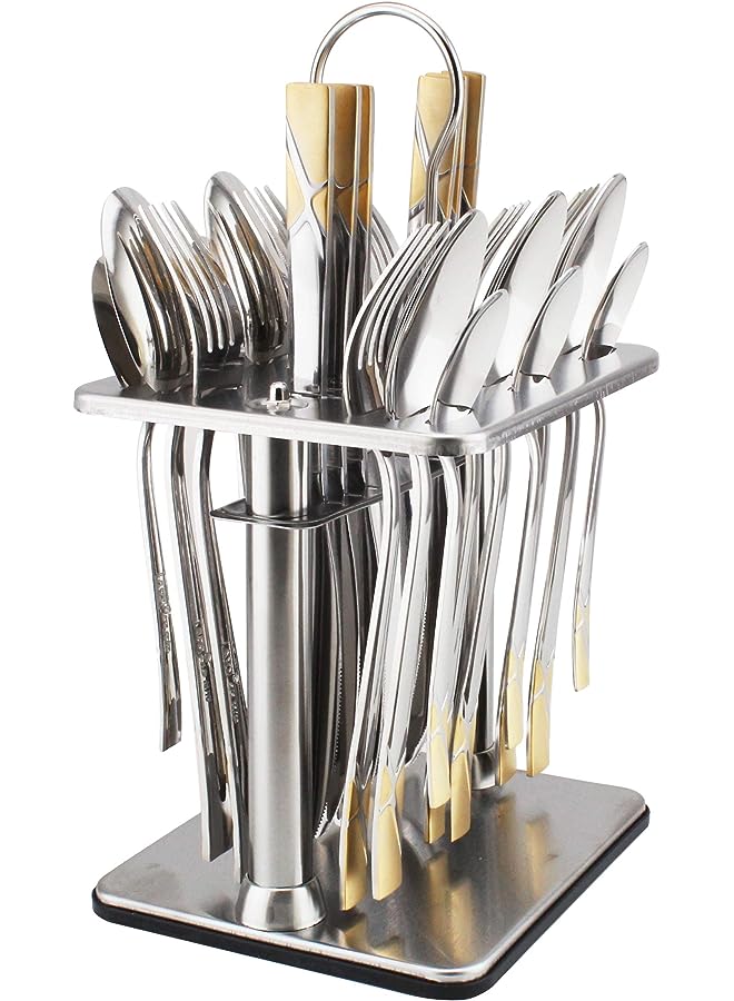 Berger 24 Piece Silverware Flatware Cutlery Set with Square Stand, Stainless Steel Includes 6 Knife, Fork, Tea Spoon, Dinner Mirror Polished, Dishwasher Safe - Image 1
