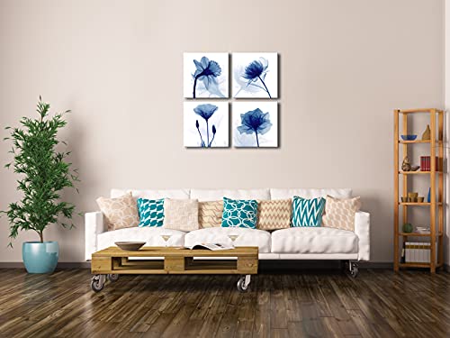 Pyradecor Blue Flickering Flower Modern Abstract Paintings Canvas Wall Art Gallery Wrapped Grace Floral Pictures on Canvas Prints 4 Panels Artwork for Living Room Bedroom Office Home Decorations - Image 2