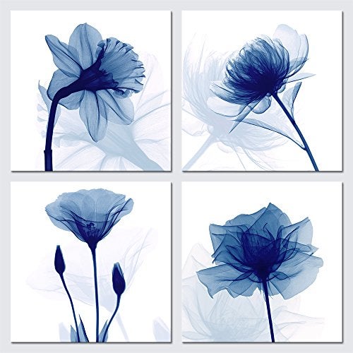 Pyradecor Blue Flickering Flower Modern Abstract Paintings Canvas Wall Art Gallery Wrapped Grace Floral Pictures on Canvas Prints 4 Panels Artwork for Living Room Bedroom Office Home Decorations - Image 1