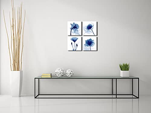Pyradecor Blue Flickering Flower Modern Abstract Paintings Canvas Wall Art Gallery Wrapped Grace Floral Pictures on Canvas Prints 4 Panels Artwork for Living Room Bedroom Office Home Decorations - Image 4