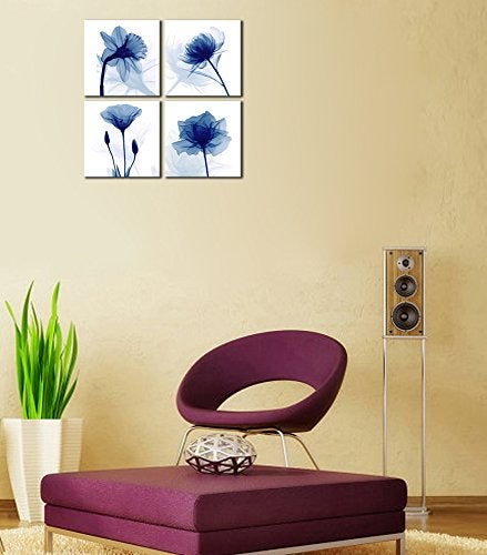 Pyradecor Blue Flickering Flower Modern Abstract Paintings Canvas Wall Art Gallery Wrapped Grace Floral Pictures on Canvas Prints 4 Panels Artwork for Living Room Bedroom Office Home Decorations - Image 5
