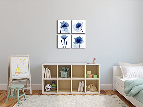 Pyradecor Blue Flickering Flower Modern Abstract Paintings Canvas Wall Art Gallery Wrapped Grace Floral Pictures on Canvas Prints 4 Panels Artwork for Living Room Bedroom Office Home Decorations - Image 3