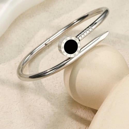 Okos Rhodium Plated Fashion Jewellery Stainless Steel Anti Tarnish Roman Number Nail Bracelet with Black Enamel Cuff Style For Girls and Women BR1000054RHD - Image 3